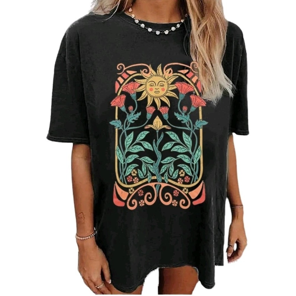 Womens Oversized Graphic Tee Boho Beachy Casual Summer Shirt‎ Soft Relaxed Top
